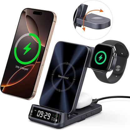 SwanScout Caricatore Wireless Universale – Modello 708A | Stazione di Ricarica 3 in 1 compatibile con tutti gli smartphone, inclusi iPhone, Samsung, Xiaomi e altri | Base di Ricarica per Tutti gli Smartwatch e Auricolari Wireless (Senza Adattatore)